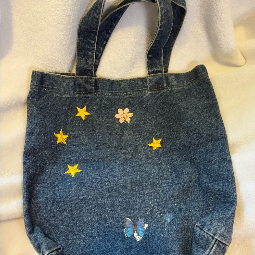 Floral Denim Tote in Blue and Pink - Picture 2 of 2